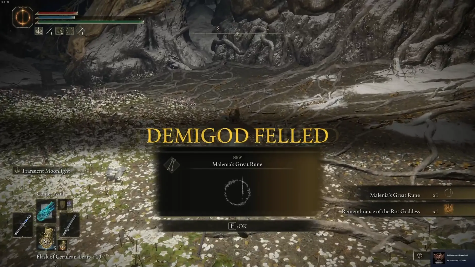Screenshot of the "DEMIGOD FELLED" moment